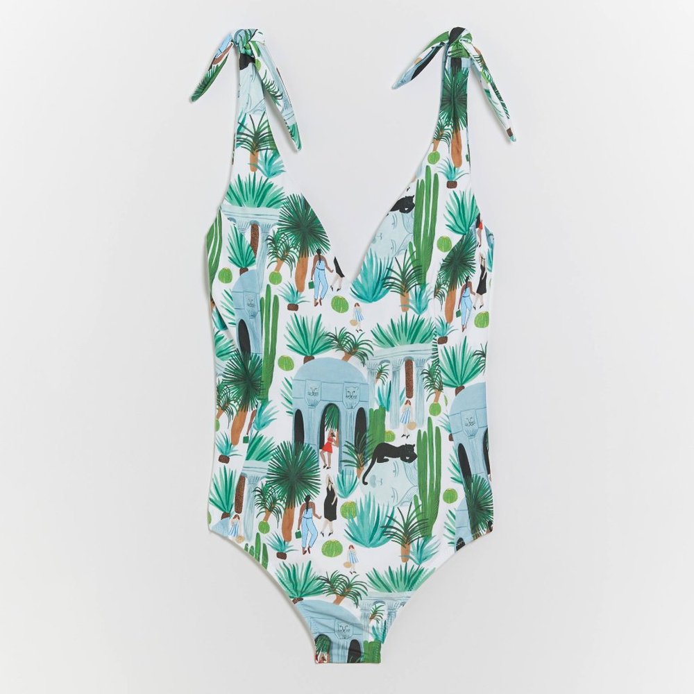 Anthropologie Green and Blue Botanical One Piece Swimsuit